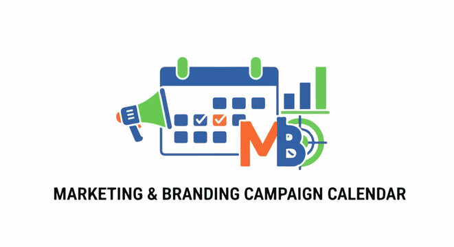 Stylized graphic with calendar, megaphone, bar chart, target, and MB initials