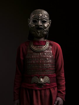 A warrior wearing an ancient Armenian Urartu bronze ceremonial mask with pomegranate vine engravings