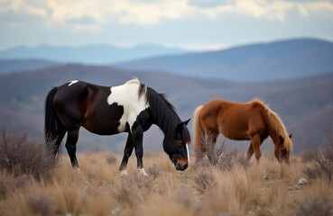 Obraz premium Two horses graze in a dry grassy field with rolling hills in background. One horse is black and white, the other is brown. They are in a natural, wild landscape, possibly at dawn or dusk.