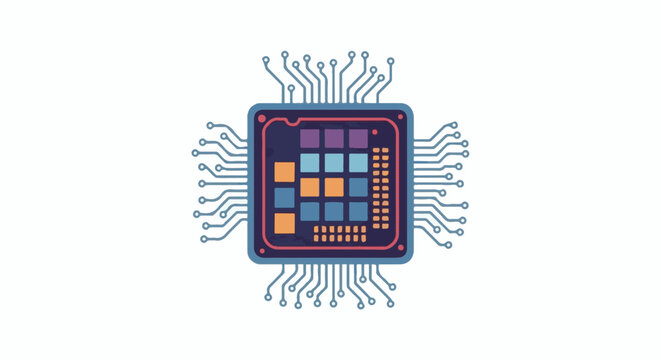 Stylized microchip with colorful square components and digital circuit pathways