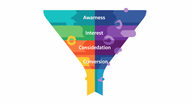 A colorful diagram illustrates a business sales funnel with four distinct stages Awareness, Interest, Consideration, and Conversion