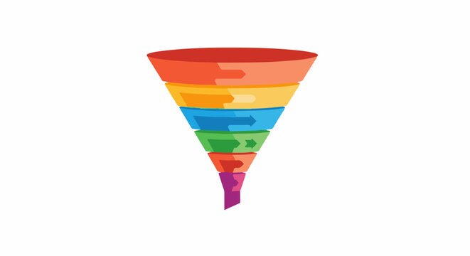 Colorful funnel diagram with arrows indicating process flow