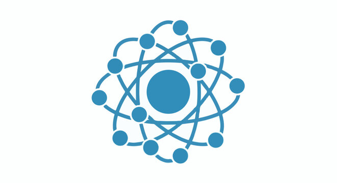 stylized blue atomic structure with a central nucleus and orbiting electrons