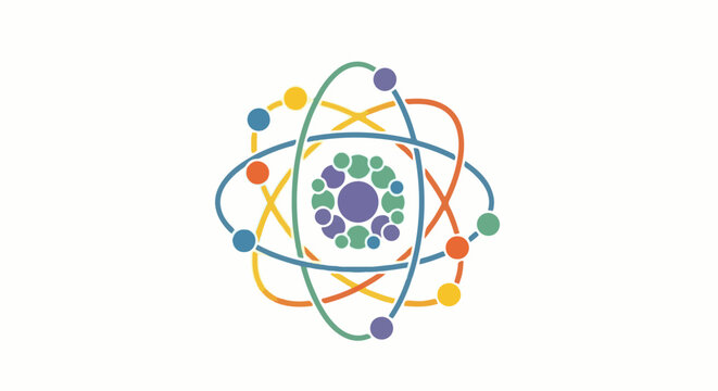Colorful abstract atom model with orbiting particles and central core