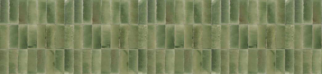 Panoramic banner of olive green ceramic tiles arranged in a vertical pattern for rustic kitchen backsplash wall decoration. © EdisonArt