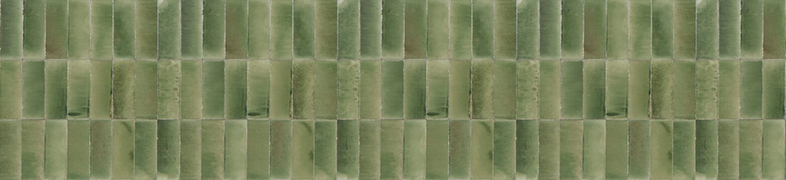 Panoramic banner of olive green ceramic tiles arranged in a vertical pattern for rustic kitchen backsplash wall decoration.