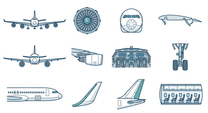 Detailed illustrations of various airplane parts.