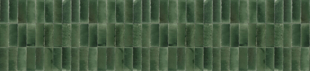 Panoramic banner of deep emerald green ceramic tiles arranged in a vertical pattern for luxury interior wall decoration. © EdisonArt