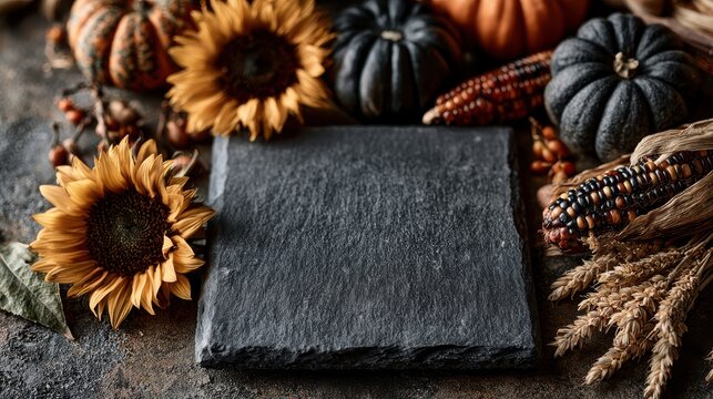 Rustic fall flat lay on dark textured concrete, a clean central square slate piece, surrounded by sunflowers, diverse pumpkins, Indian corn, and wheat, soft diffused light