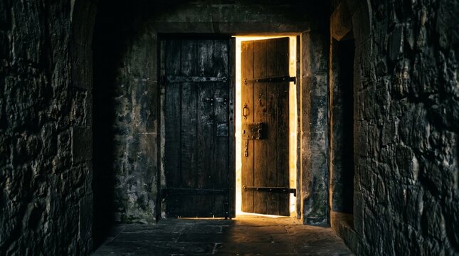 Old dark wooden door slightly open with warm bright light emanating from other side hallway.