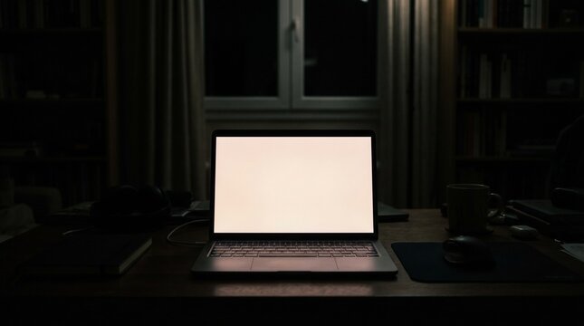 Open laptop computer on desk in dark library room with glowing blank screen and mouse pad.