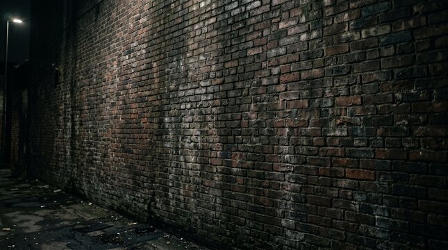 Dark grimy brick wall with graffiti in urban alley at night.