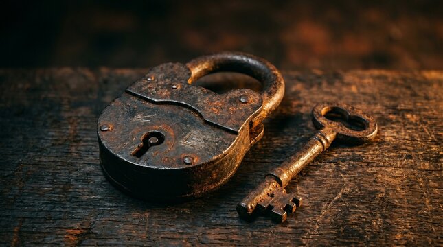 Antique rusty iron padlock with skeleton key resting on weathered wooden table surface art.
