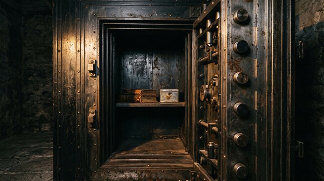 Open empty vintage bank vault or safe with old books and small box inside.