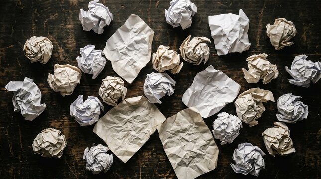 Scattered crumpled paper balls and flat sheets on a weathered dark wooden desk surface.