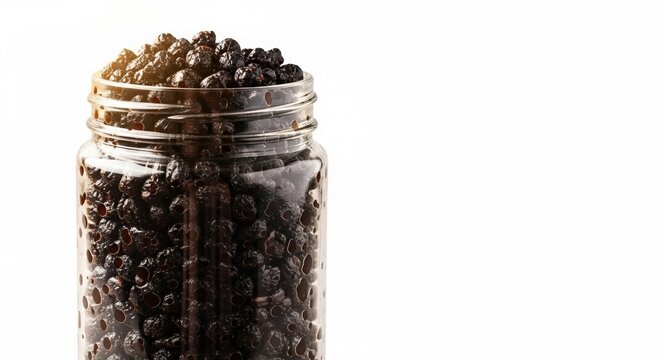 dried berries in glass jar, Glass jar filled with dried black berries isolated on white background, food preservation concept, transparent container, healthy ingredient, studio lighting, minimal compo