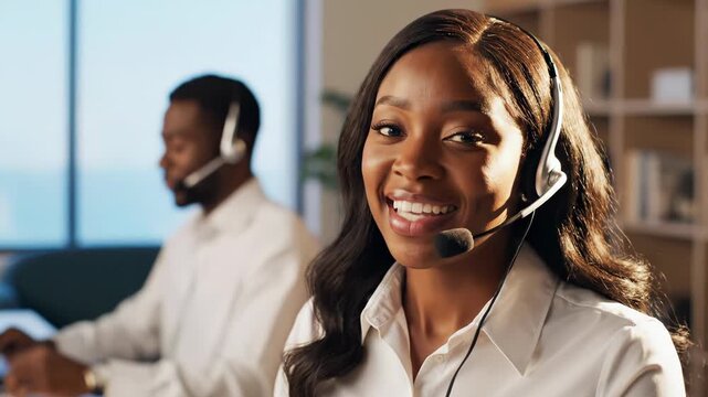 Professional customer service representative wearing a headset in a modern office environment