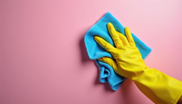 Person in yellow gloves wipes pink surface with blue microfiber cloth. Cleaning or hygiene concept, simple background, bright colors. Housekeeping chore, tidiness.