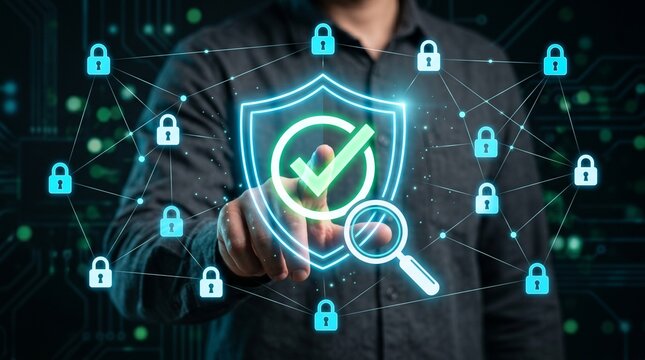 Cyber security and data protection concept person touching a digital shield with a check mark and a magnifying glass icon, representing security audit