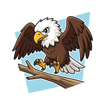 Cute Eagle Mascot Cartoon Perched on Branch