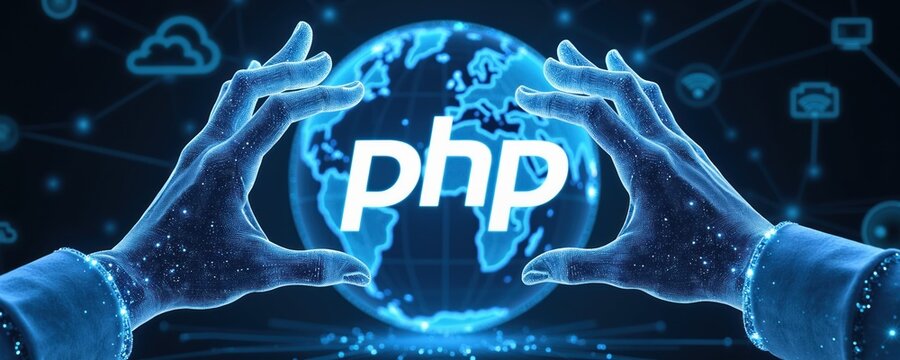 Global network connection. Abstract digital hands shape world with PHP programming language symbol. Tech and communication data flow concept.