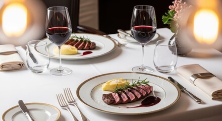 Fototapeta premium Elegant fine dining table setting with steak and red wine