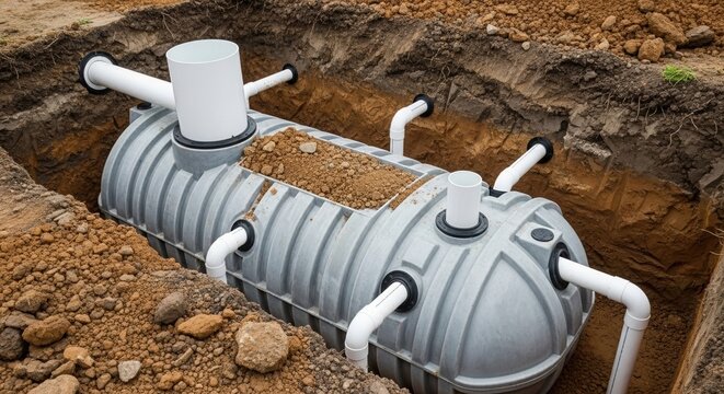 Underground septic tank installation system, Large underground septic tank being installed in excavated trench, connected PVC pipes, residential wastewater treatment system, construction site, drainag