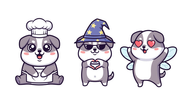 Cute Cartoon Puppies in Different Costumes and Outfits.