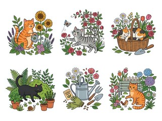 Fototapeta premium Set of charming watercolor illustrations of cats with flowers vegetables and garden baskets in colorful style for nature and decorative art design.
