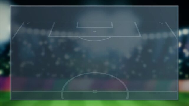 soccer football team line up formation half pitch layout blank screen television style sport TV onscreen presentation graphic animated over a sports stadium arena backdrop 4K video animation graphics