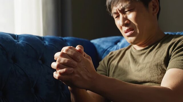 Close up of a man suffering from hand pain, clutching his hands together in discomfort while sitting on a blue sofa