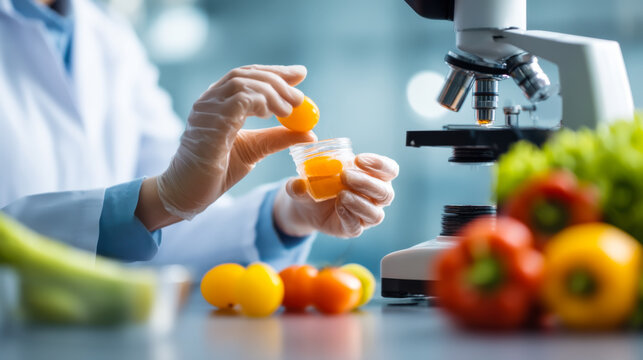 Scientist conducts an experiment in a laboratory using a pipette and testing liquid in a container near fresh vegetables and fruits in bright light during working hours