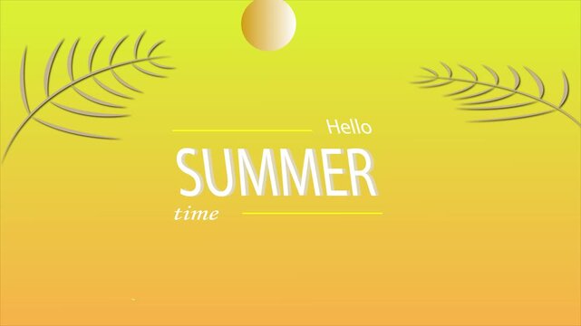 Vector animation of Welcome to Summer in simple text with leaves, lounge chairs, umbrellas, sunglasses, sun, and starfish. 4K video with summer background.