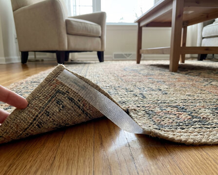Curled rug corner secured with non slip gripper tape