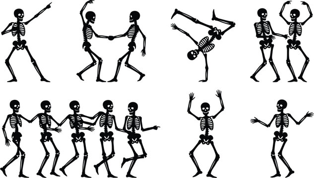 Skeleton figures dancing in various poses