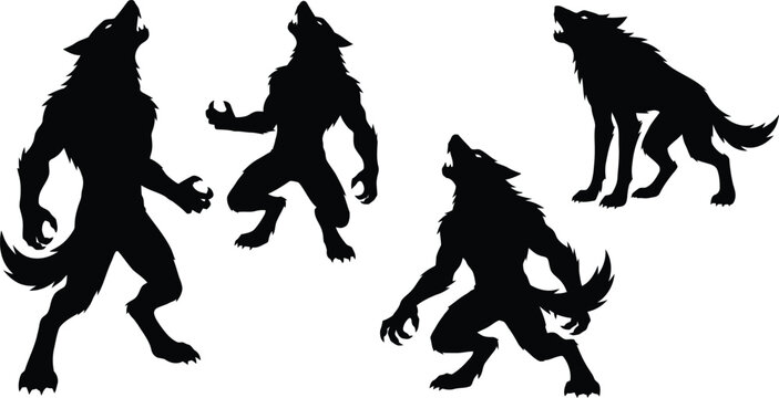 Black silhouette wolves in dynamic poses