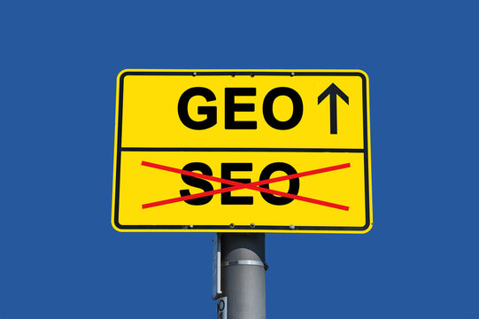 Yellow Road Sign Indicating Shift From Traditional SEO to Modern GEO Generative Engine Optimization Concept Against Blue Sky