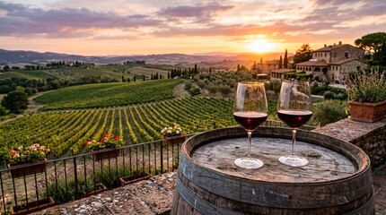 Fototapeta premium Two elegant crystal glasses filled with rich dark red wine rest safely on an aged wooden barrel overlooking a breathtaking Tuscan vineyard.