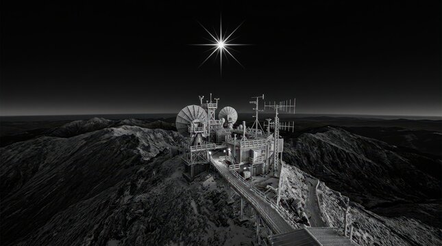 Black and white high-angle view of a remote mountain scientific research facility scanning a dark night sky illuminated by a single brilliant, flashing star anomaly.