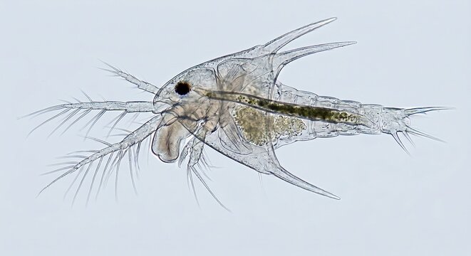 Microscopic view of transparent barnacle nauplius larva stage swimming in marine plankton