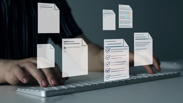 Businessman in computer doing online data documentation checklist survey. Fast checklist,clipboard task business management.Productivity checklist and filling survey form online.	