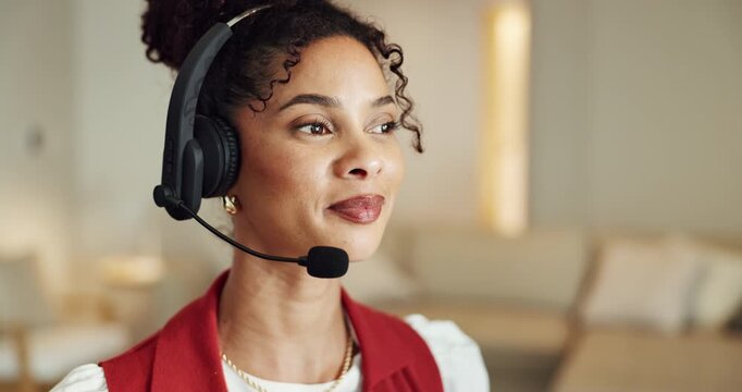 Headset, happy and businesswoman in home with virtual assistant, crm or help desk for remote work. Mic, contact us and female technical support agent with customer care, advisory or service in house.