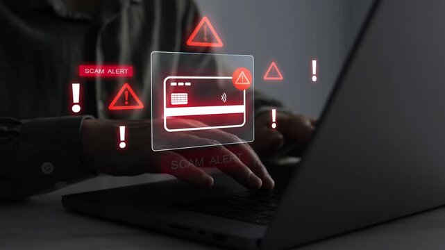 Financial scam concept showing bank card fraud,mobile phone phishing and online payment risk. Security alert, data protection and identity theft warning in digital banking.
