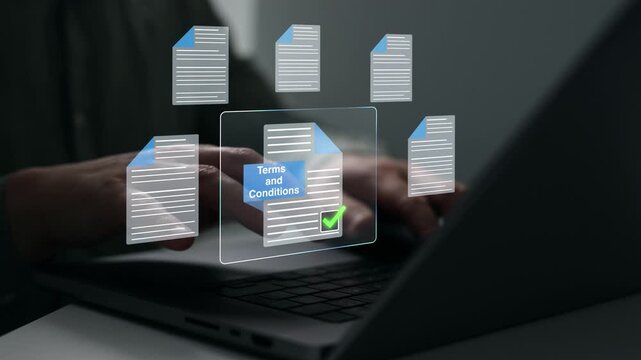 Business terms and conditions presentation featuring contract approval, legal compliance, policy management and digital documentation for corporate services.