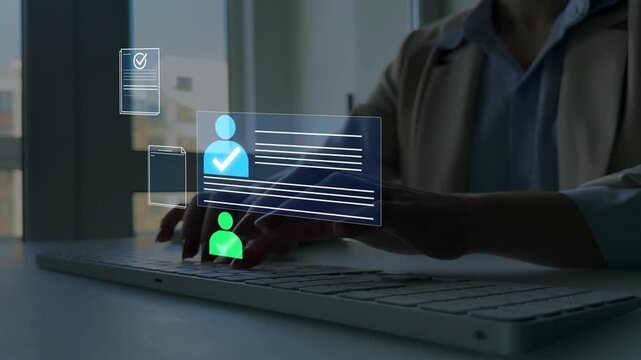 Concept of Human Resources, selection and online application screening process.Business professional reviewing digital CV on laptop, analyzing candidate profiles for recruitment and hiring decisions.	