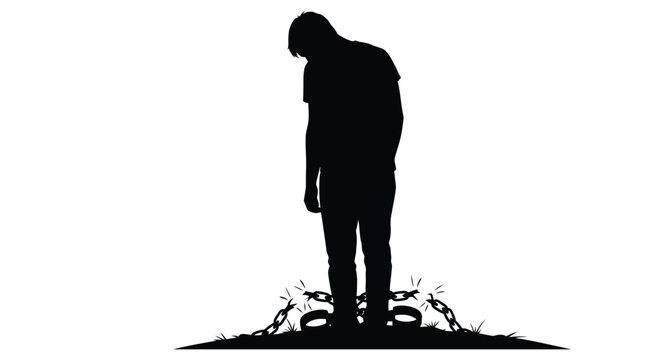 silhouette of a man with broken chains on a hill isolated on white