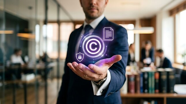 Businessman presenting copyright and security icons in a modern office setting