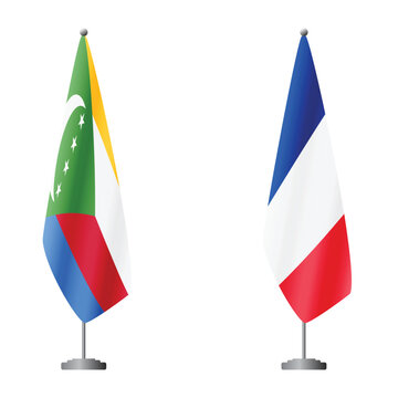 Comoros and France flags on flagpoles for official ceremonies and meetings, transparent background vector