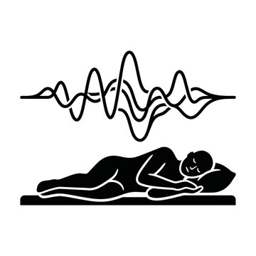 Sleeping person with sound wave monitoring silhouette vector icon representing sleep tracking rest analysis and wellness technology