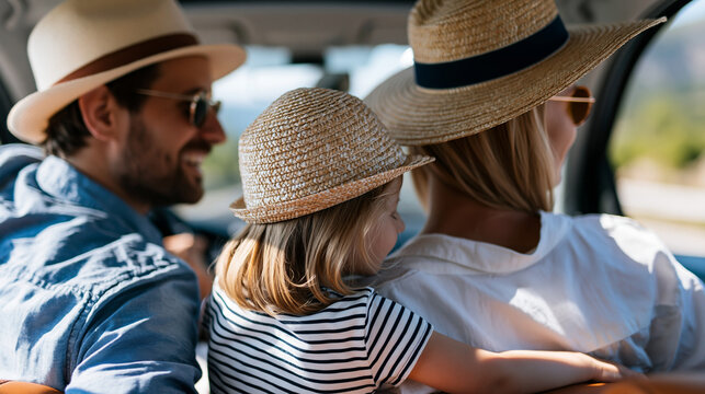 Anonymous family traveling together in a car on a vacation road trip, bonding and summer holiday concept, faceless, defocused scenic background, with copy space